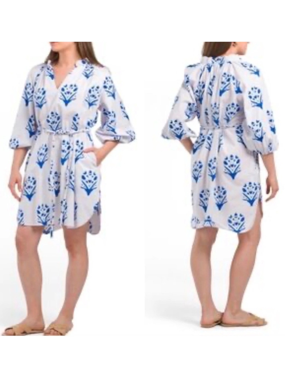 Caryn Lawn pippi dress women’s OSFM belted puff sleeve flower royal-white